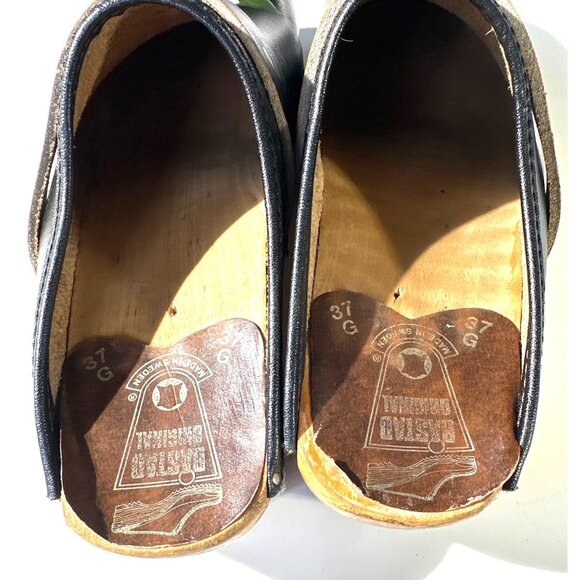 Handmade Swedish Black Leather Clogs With Hand-Painted Flowers Wood Sole Size 37 - Picture 11 of 16